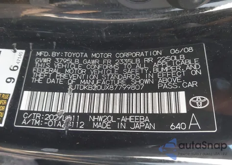 2008 Toyota Prius Touring из США, поврежденный, VIN JTDKB20UX87799807